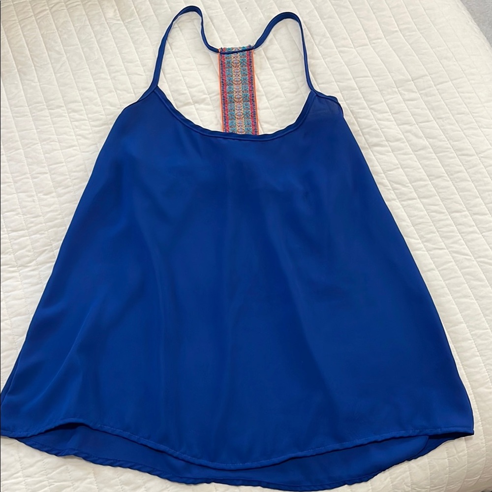 Bella D. Women’s Blue Backless Relaxed Tank Top Embroidery Size XS
